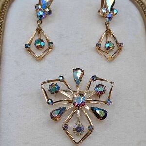 Vintage Mid-Century Rhinestone Demi-Parure (Brooch + Clip Earrings